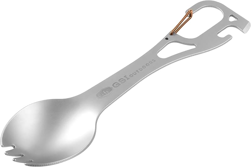 GSI Outdoors 61111 Glacier Spork multiherramienta de acero inoxidable – Utensilio de camping todo en uno con abrelatas, barra de palanca, herramienta de perforación del recipiente de combustible y clip de mosquetón para mochileros y cocinar al aire libre