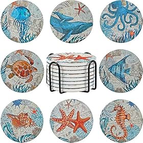 8 Pieces Stone Coasters with Holder for Drinks, Cork Base Ocean Beach Theme Tropical, for Housewarming, Apartment… 61IT25dm2lL. SS280