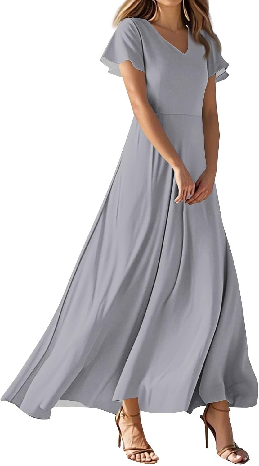 Brunch Dresses for Women 2026 Summer V-Neck Ruffle Short Sleeve Casual Solid Aline Swing Dress,XS-2XL