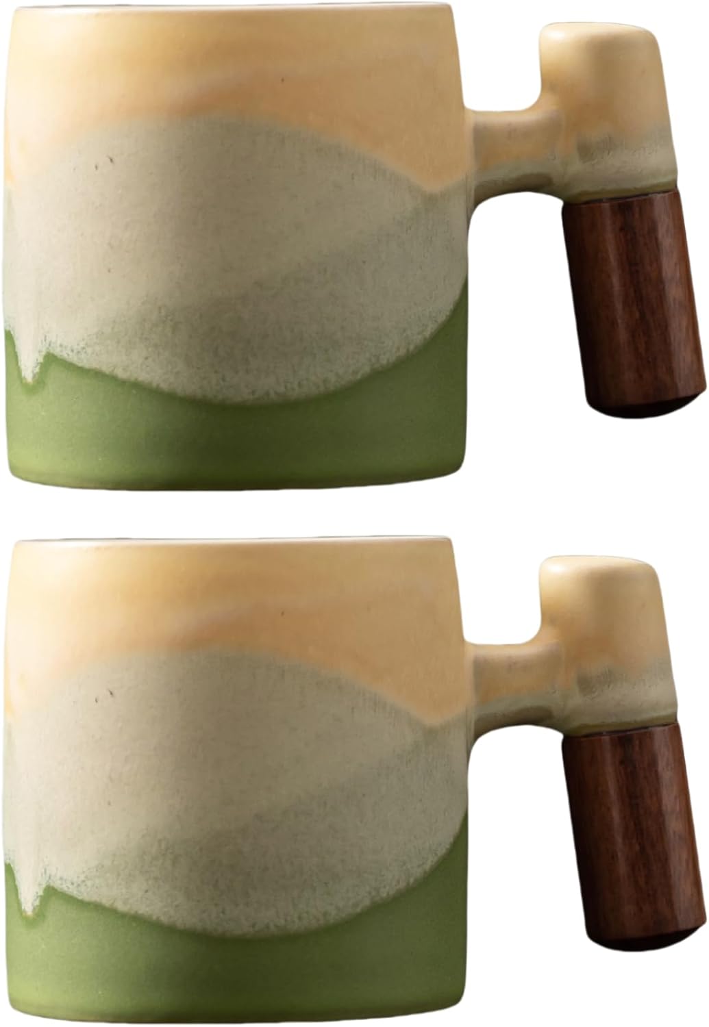 2-Oz Ceramic Espresso Cups with Wood Handle, 2/4-Piece Set for Coffee, Tea, Latte – Dishwasher Safe, Multi-Color & Wood Styles, Gift & Café Use(Kiln turning green, Wooden Handle2)