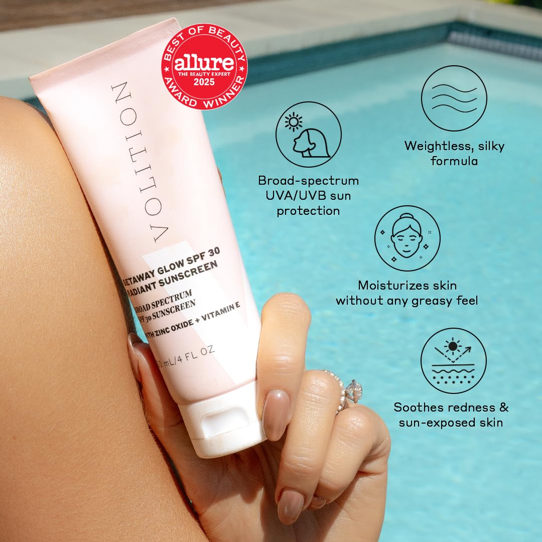 Volition Beauty Getaway Glow SPF 30 Radiant Sunscreen with Zinc Oxide + Vitamin E | Reef-Safe Mineral Sunblock with No White Cast | Silky Smooth with Glossy Finish - Image 3