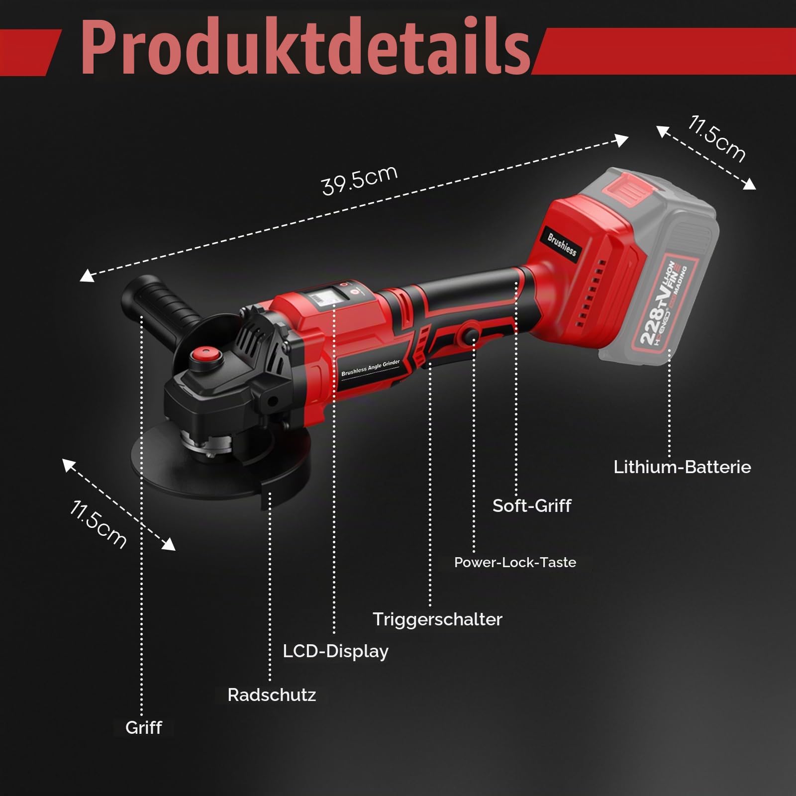 Akku Winkelschleifer 115mm 21V Professional mit Digitalanzeige, 3 Modi Bürstenloser Winkelschleifer Metallschleifer mit 2 * 3000 mAh Akkus zum Schleifen Trennen Bürsten