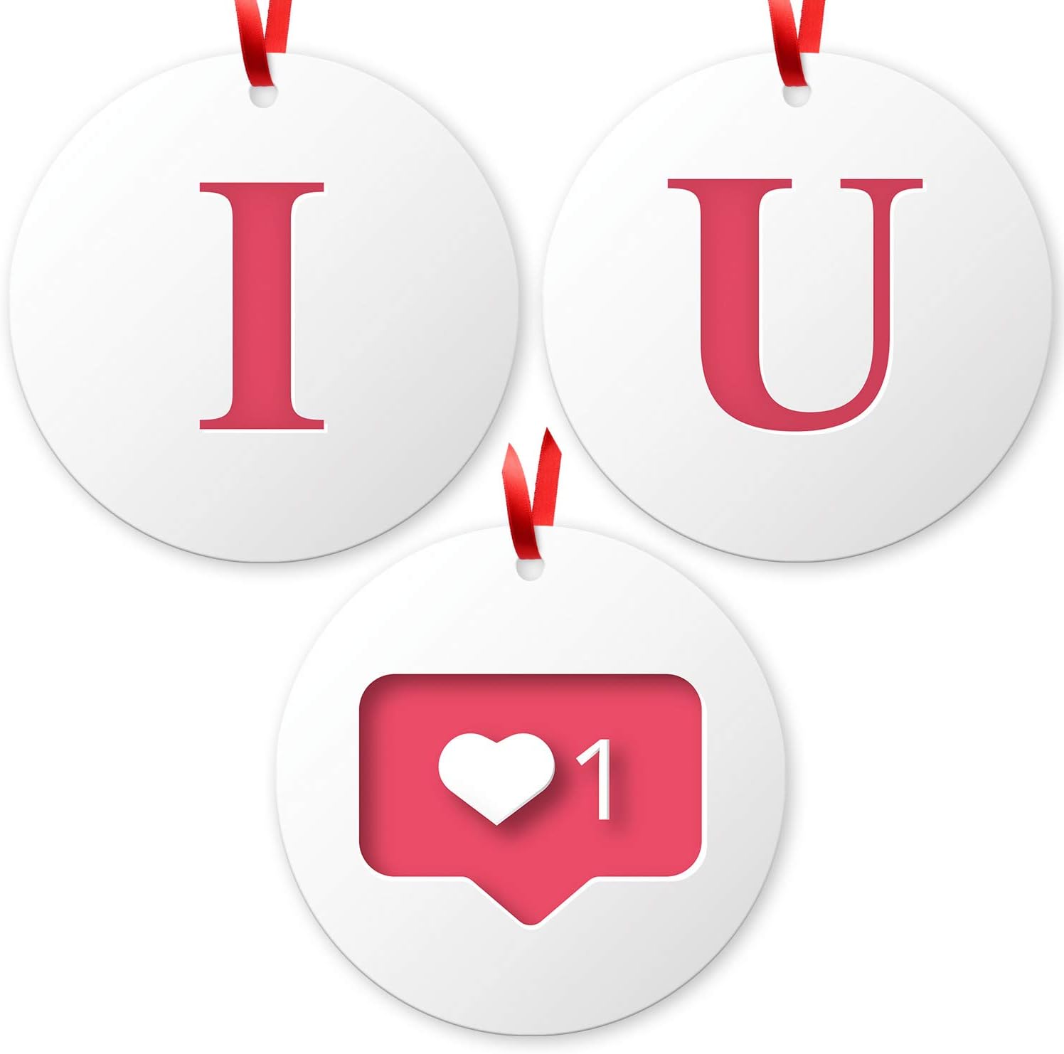 Soul Décor Valentines Day Ornaments Décor, I Love You White Pink, (Set of 3) Large 3.75" Round Metal Ornament, with Red Satin Ribbon