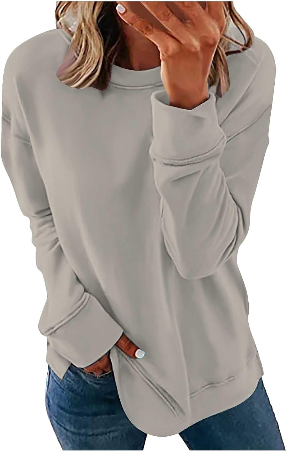 Crew Neck Sweatshirts for Womens Casual Loose Fit Drop Shoulder Sleeve Tops Solid Color Comfortable Pullover Tees