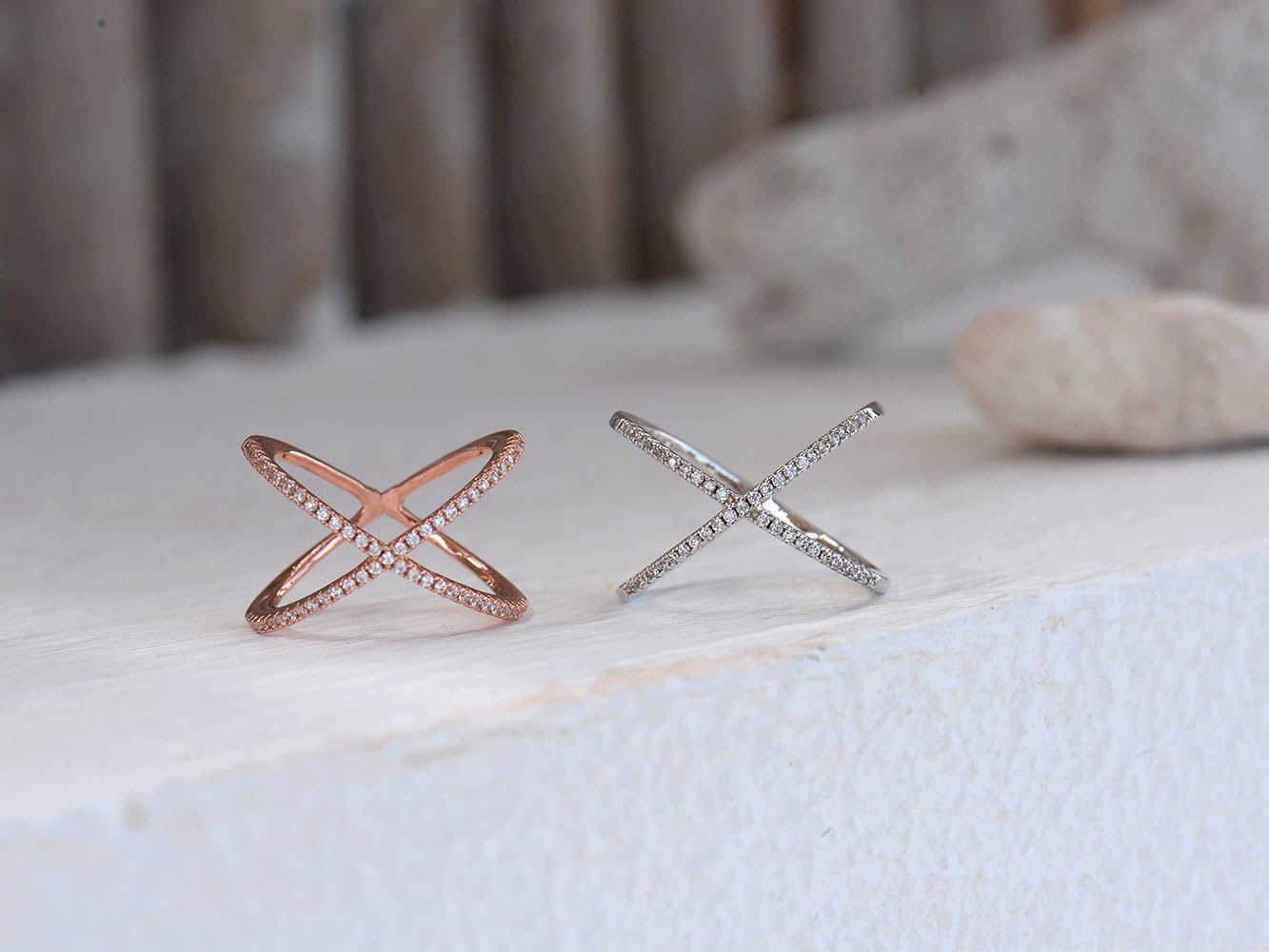 LEMON GRASS Womens Criss Cross Ring Diamond X Ring Micropave CZ Inlay 14K Rose Gold Plating Size 4 5 6 7 8 9 10 - Image 5