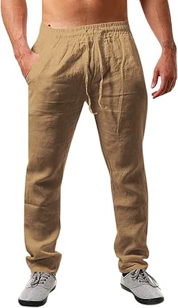 Runcati Herren Leinenhose Einfarbiges Lang Leicht Sommerhose Loose Fit Freizeithose mit Kordelzug für Urlaub Strand Alltag
