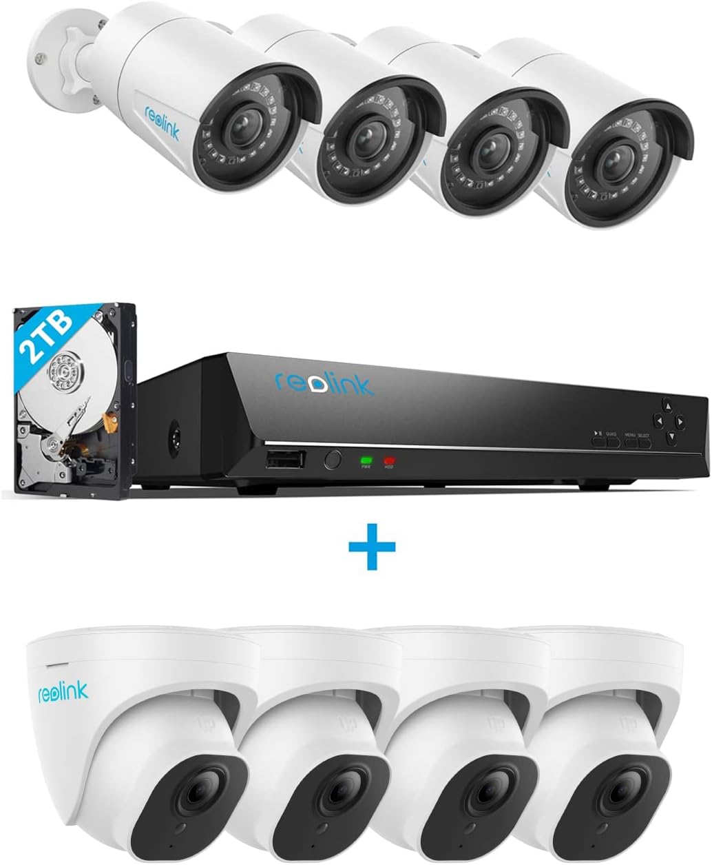 Reolink 5MP PoE Security Camera System Bundle, 8pcs 5MP Smart Human/Vehicle Detection PoE Cameras, Bullet Dome Cameras, a 8CH NVR Pre-Installed with 2TB HDD(Include 4 x 18M Cat5 Cable) : Electronics