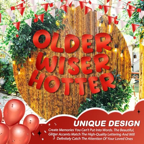 Image of Fulmoon Set of 3 Pre Strung Older Wiser Hotter Glitter Banner Funny Birthday Banner for Women 30th 40th 50th 60th 70th 80th Birthday Party Decorations Sign Gift(Bright Red)