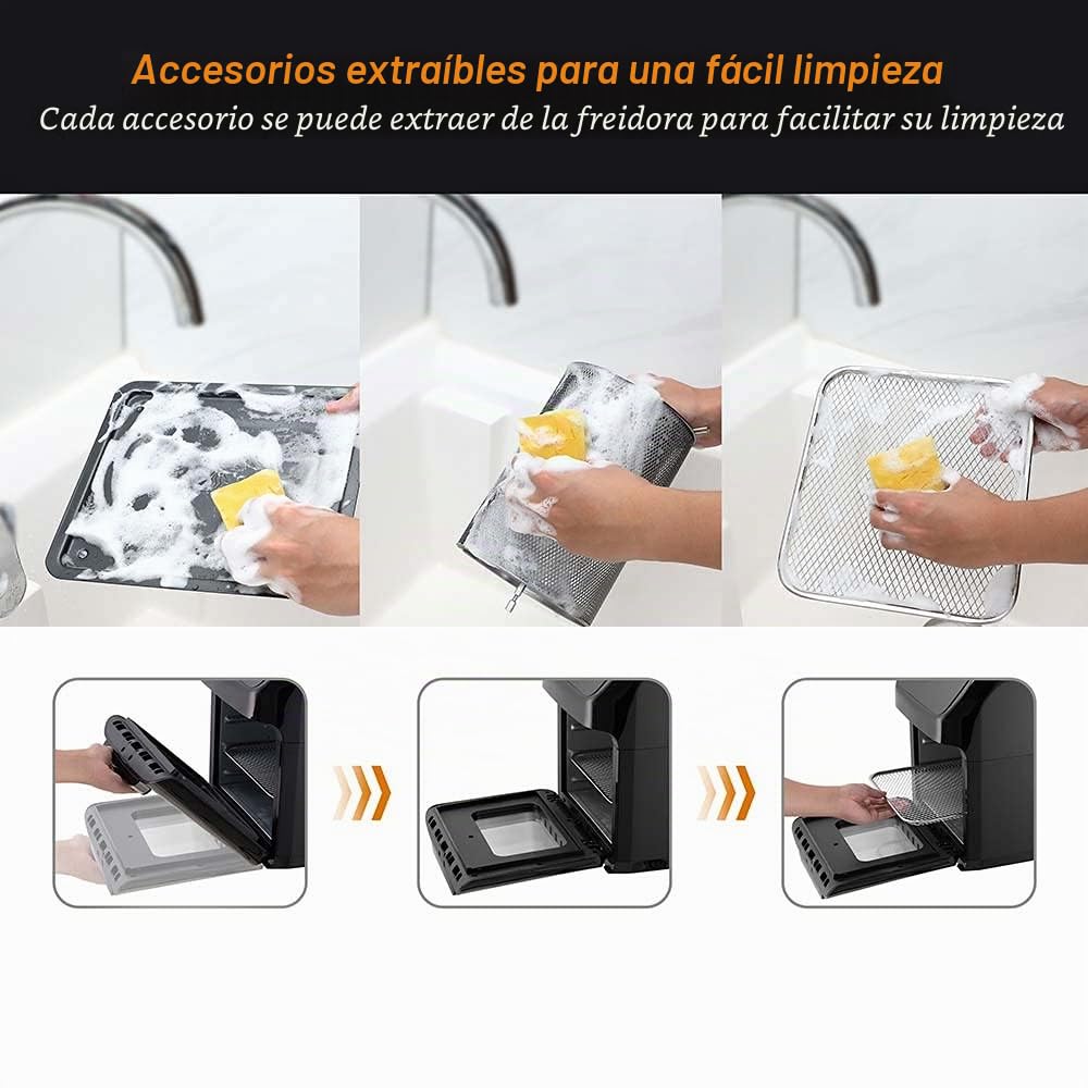 Bakaji Horno freidora de aire caliente para freír cocina parrilla seca sin aceite Airfryer capacidad 12 litros pantalla LED táctil 12 programas temporizador regulación temperatura potencia 1800 W