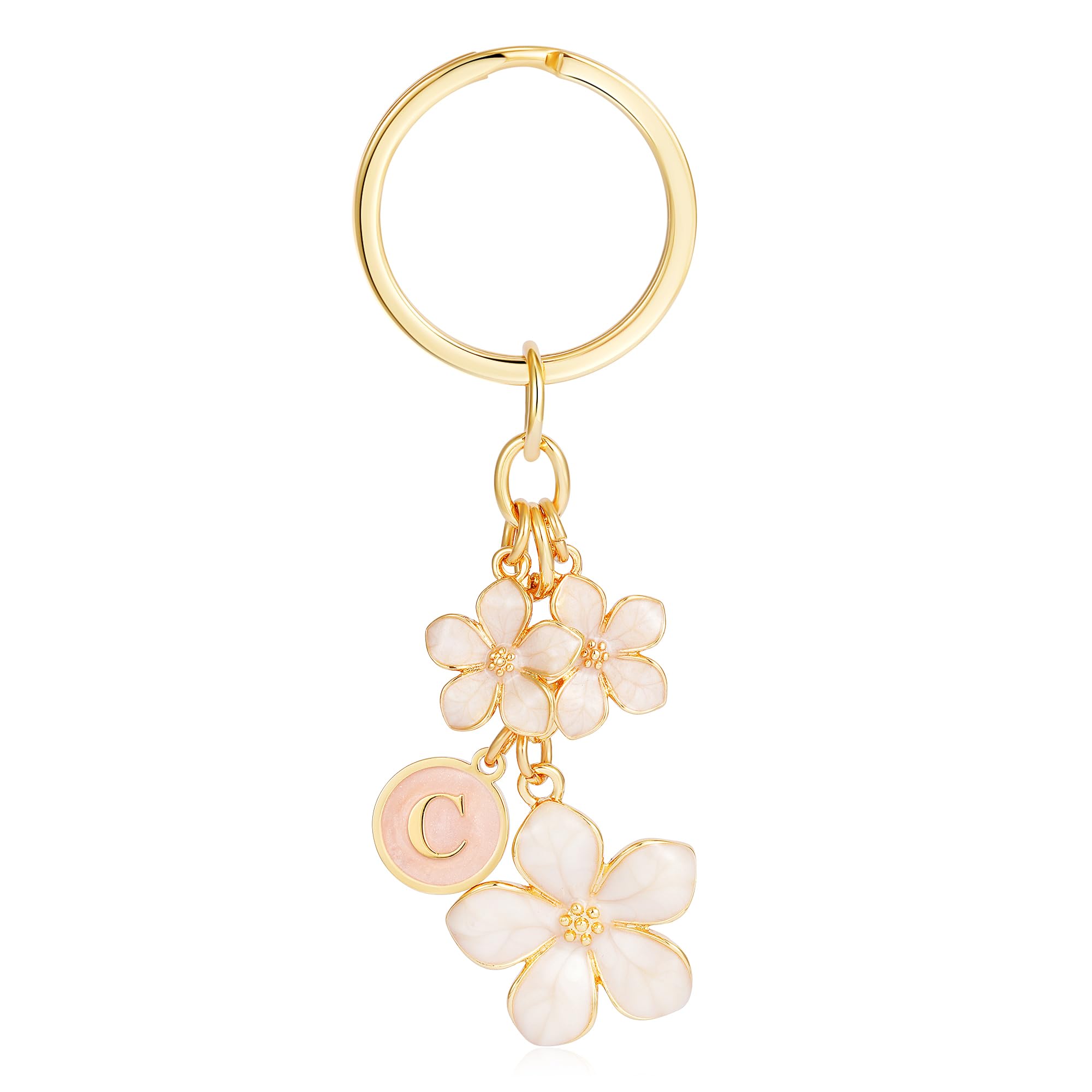 XIUNYIE White Flower Initial Keychain for Girls Women, Bag Purse Charms, Personalised Birthday Gifts for 5-10 Year Old Children, C