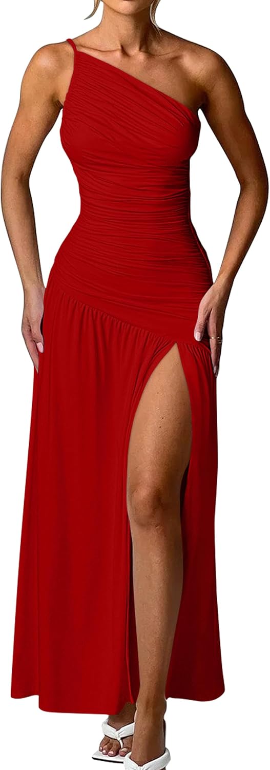Memoriesea Women's Sexy One Shoulder High Split Ruched Cocktail Party Formal Maxi Dress
