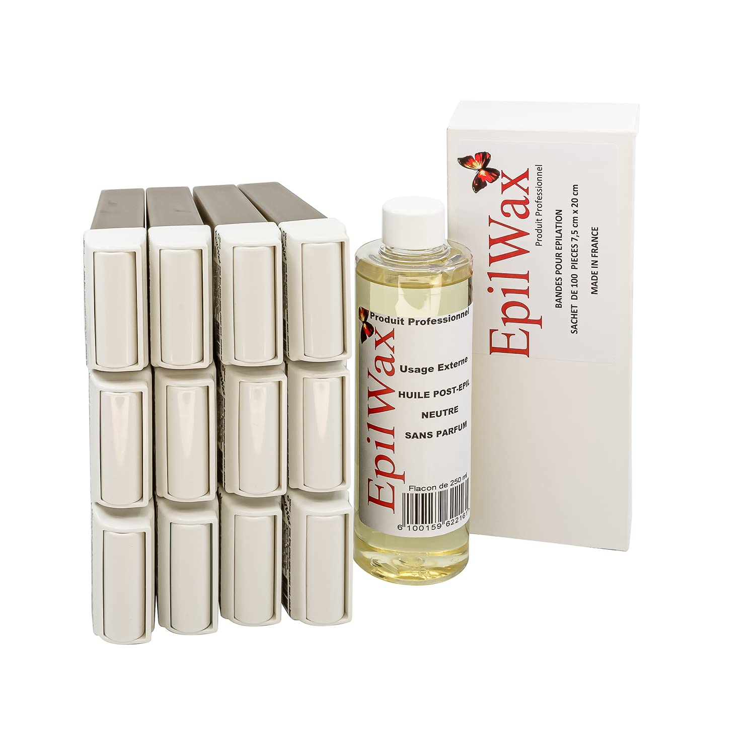 EpilWax - Restocking kit with: 12 Roll-on Cartridges with Chocolate, 1 pack of 100 non-woven strips for depilation, and 1 bottle of 250 ml neutral after-depilation oil (Chocolate Series) chocolate 1 Count (Pack of 1)