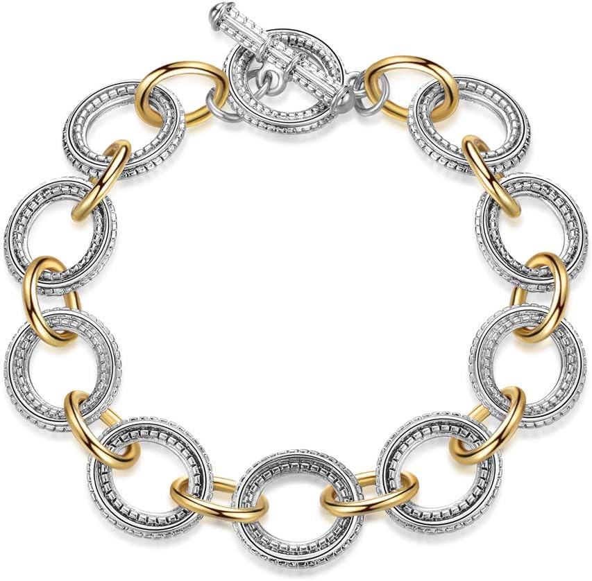 Mytys Chunky Chain Link Bracelet Two-Tone Mixed Metal Textured Toggle Clasp Statement Bangle Bracelet Jewelry for Women Fashion