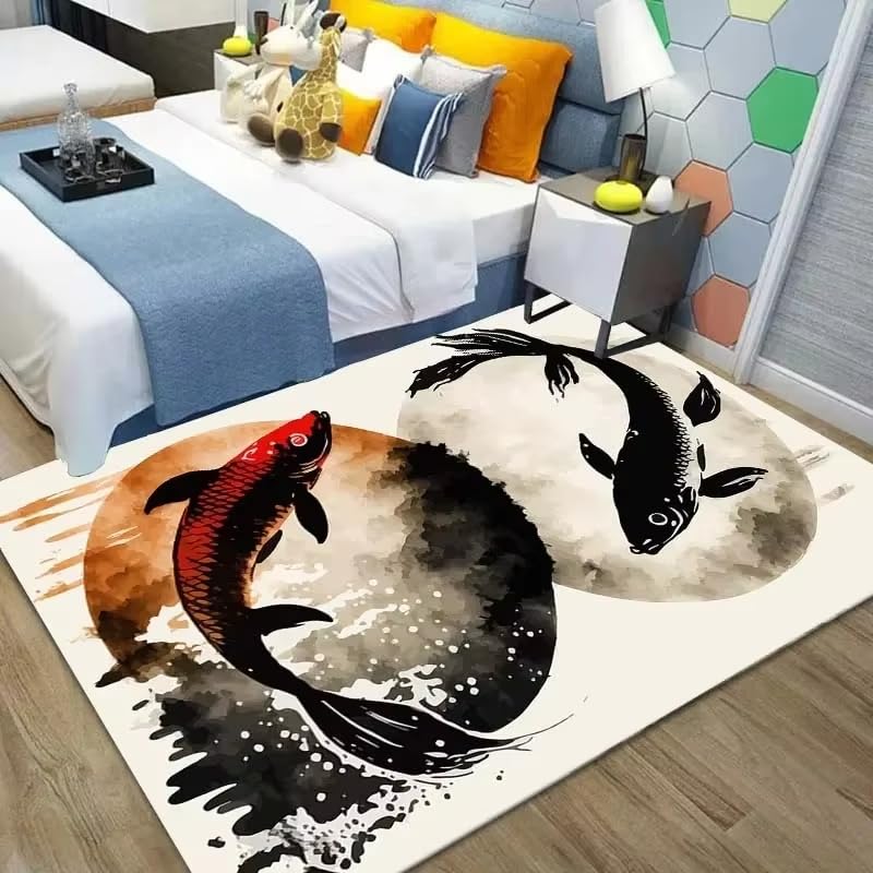 Tapis carpe koï encre de chine tissage dense style japonais