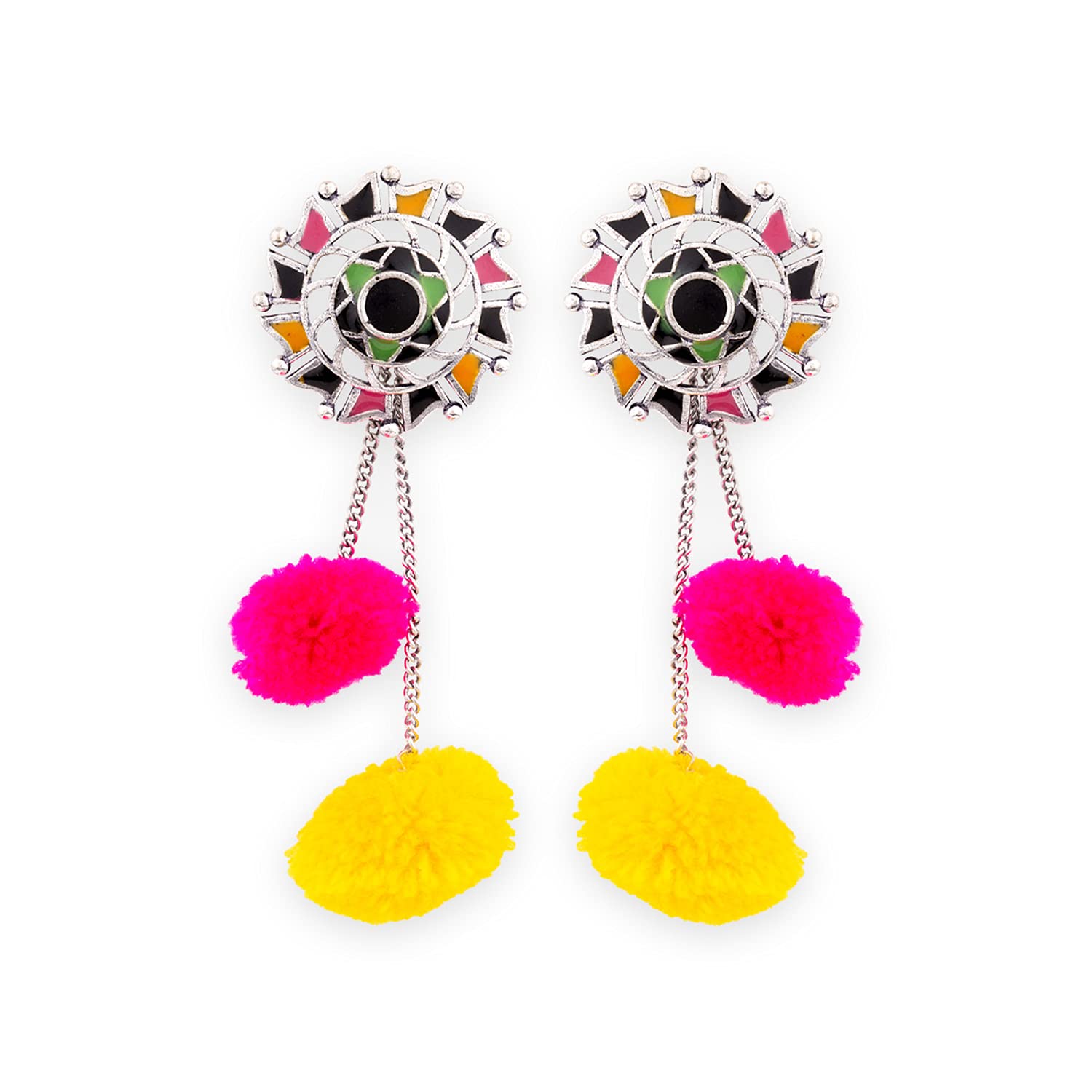 Voylla Stylish Oxidised Silver Brass Enamel Pink Yellow Pom Pom Dangler Earrings for Women and Girls (B08VN87WN2) Amazon Price History, Amazon Price Tracker