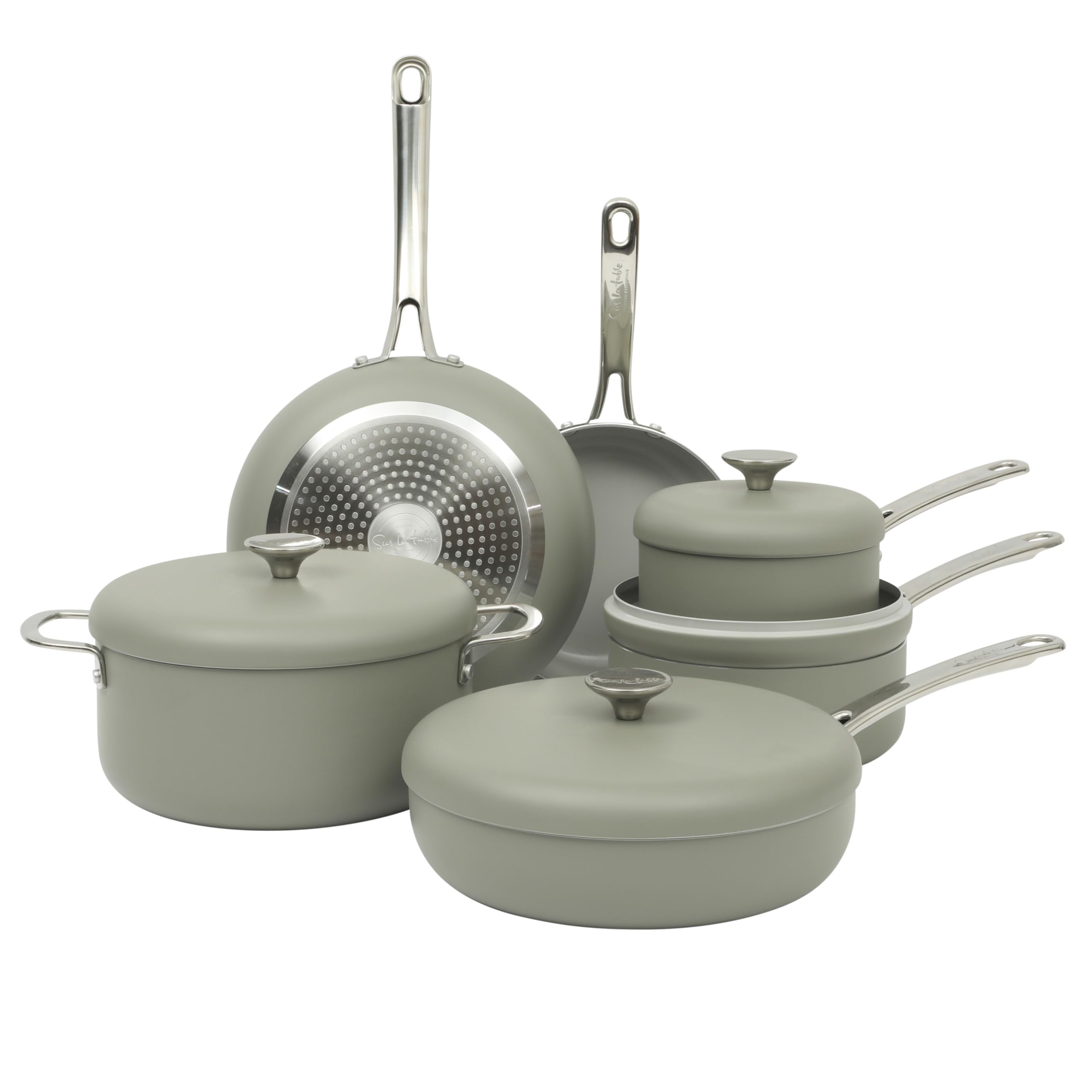 Sur La Table Kitchen Essentials Potluck Porch 10 Piece PFA Free Ceramic Non stick Interior Forged Aluminum Cookware Pots and Pans Set W/Aluminum Lids - Green - Induction Compatible
