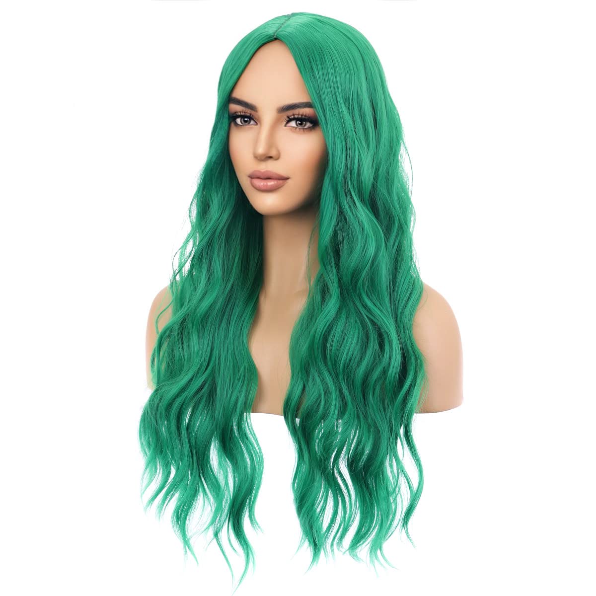 MAGQOO Green Wig for Women Girls Long Curly Wavy Emerald Green Wigs Middle Part Heat Resistant Hight Density Synthetic St.Patrick's Day
