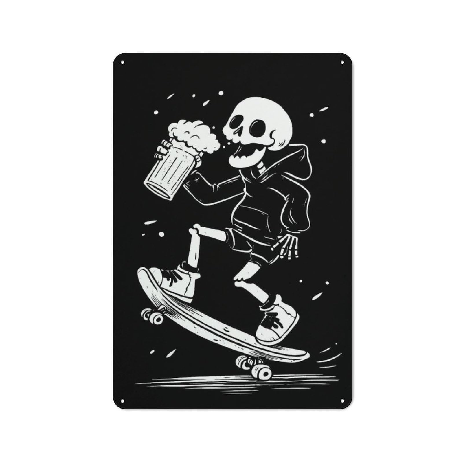 Junmoney Style-22 Retro Metal Sign With Skeleton Skateboarder With Beer Design 30X20cm, Distressed Look Retro Room Decor For Living Room, Hallway, Kitchen Or Cafe