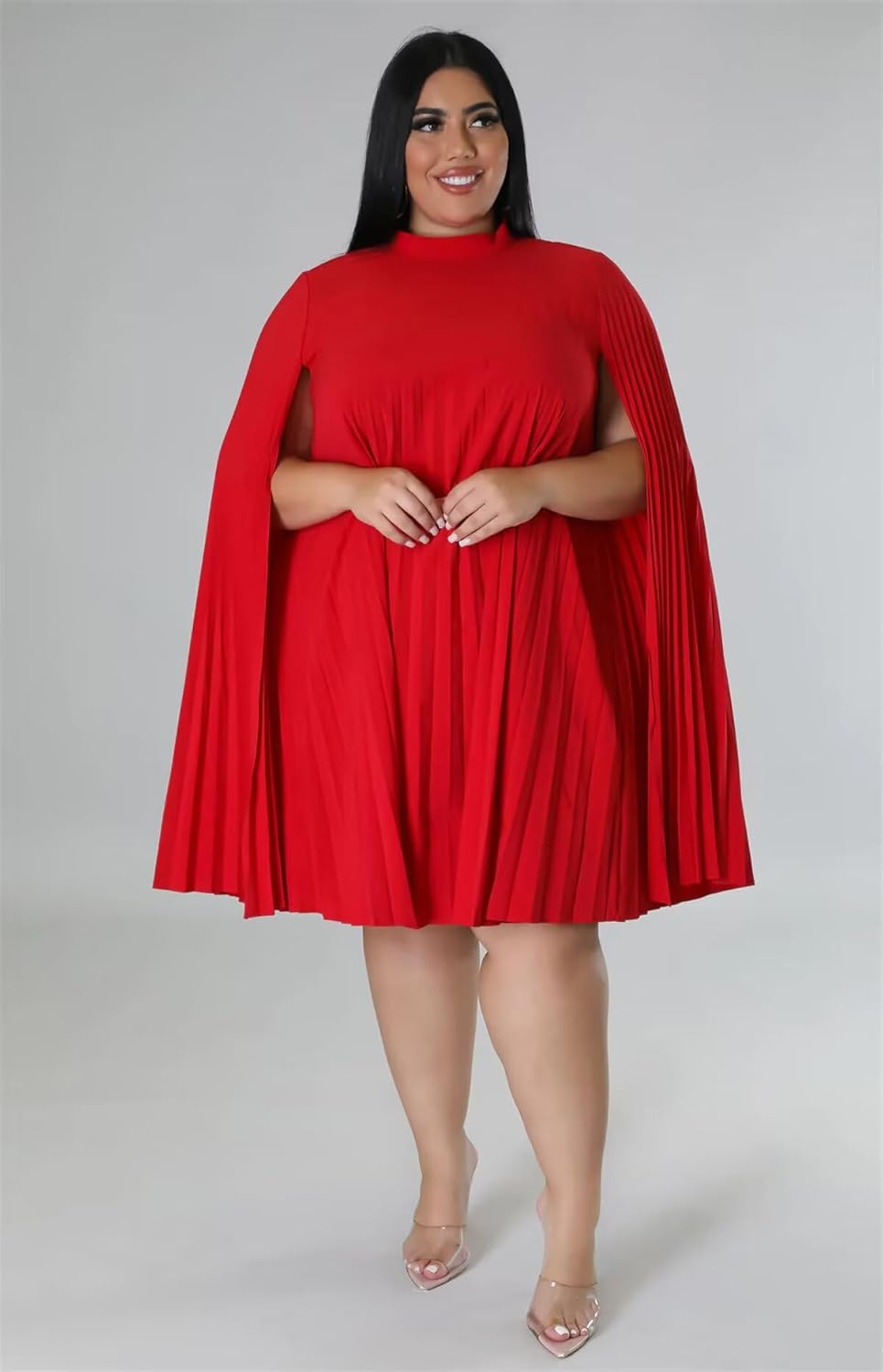 KEYUFANG Women’s Plus Size Cape Sleeve Elegant Loose Pleated Short Dress for Cocktail Party - Image 4