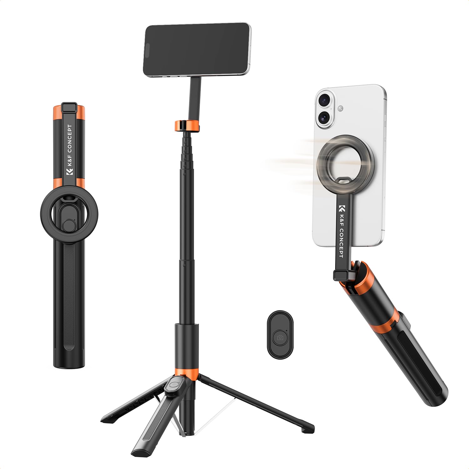 K&F CONCEPT 180cm Trépied Mag-Safe Léger, Perche Selfie Extensible Portable | Double Aimant, Trépied Vlog Aluminium à Réglage 3 Axes Compatible iPhone 17 16 15 14 13 12 Pro/Max
