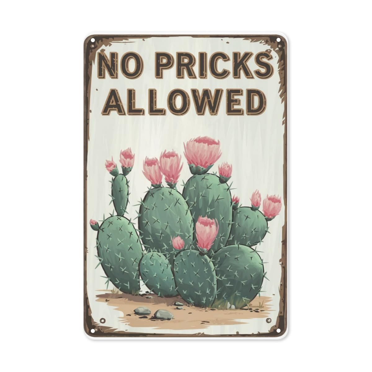 No Pricks Allowed Metal Sign - Sarcastic Cactus Warning Sign - Funny Retro Tin Poster For Home, Office, Or Bar