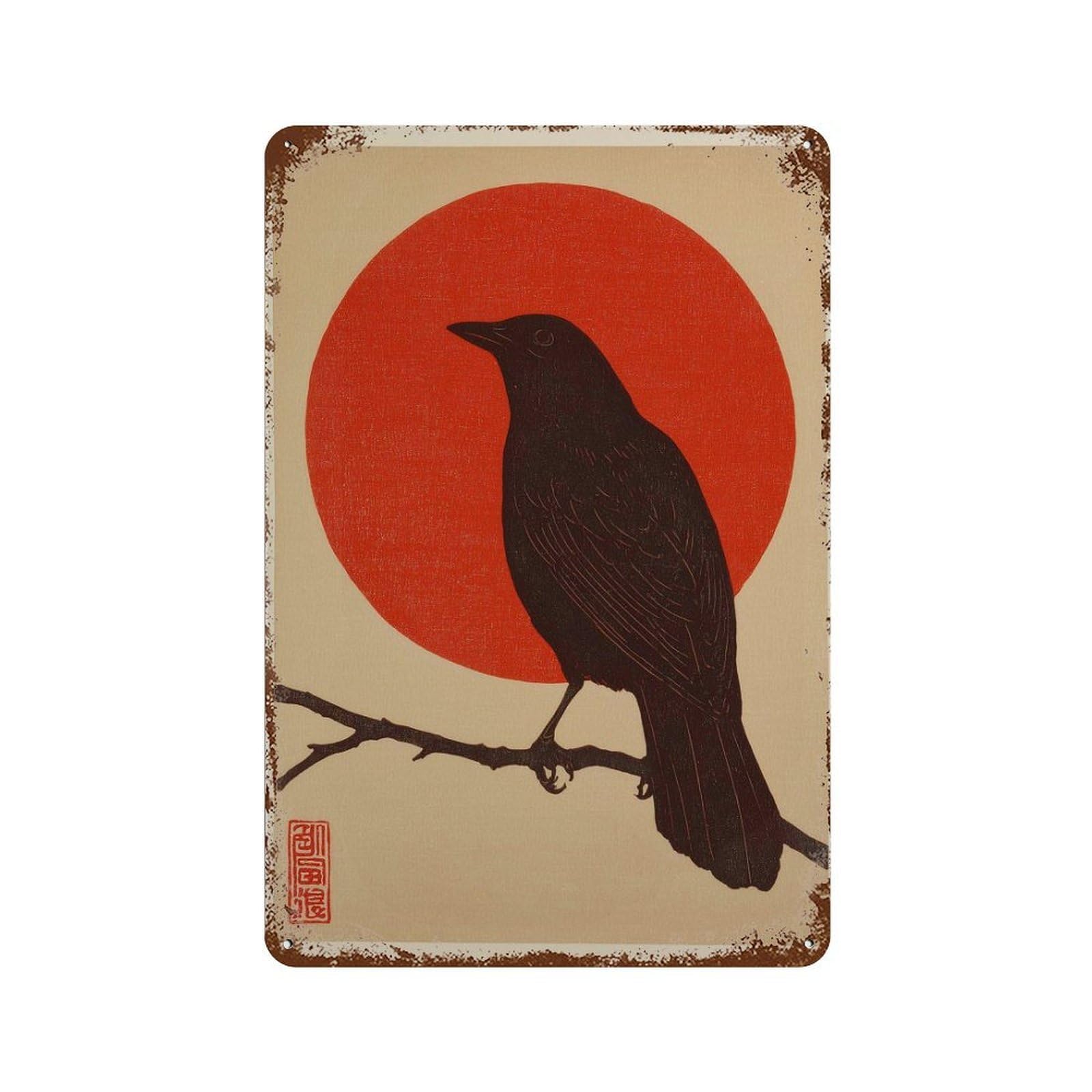 xiaoxiaoshen Japanese Crow Minimalist Sun And Bird Traditional Red Circle Wall Decor Art Metal Tin Poster Modern Home Decor Art Home Bar Shop Decorations Vintage Sign 30x20cm