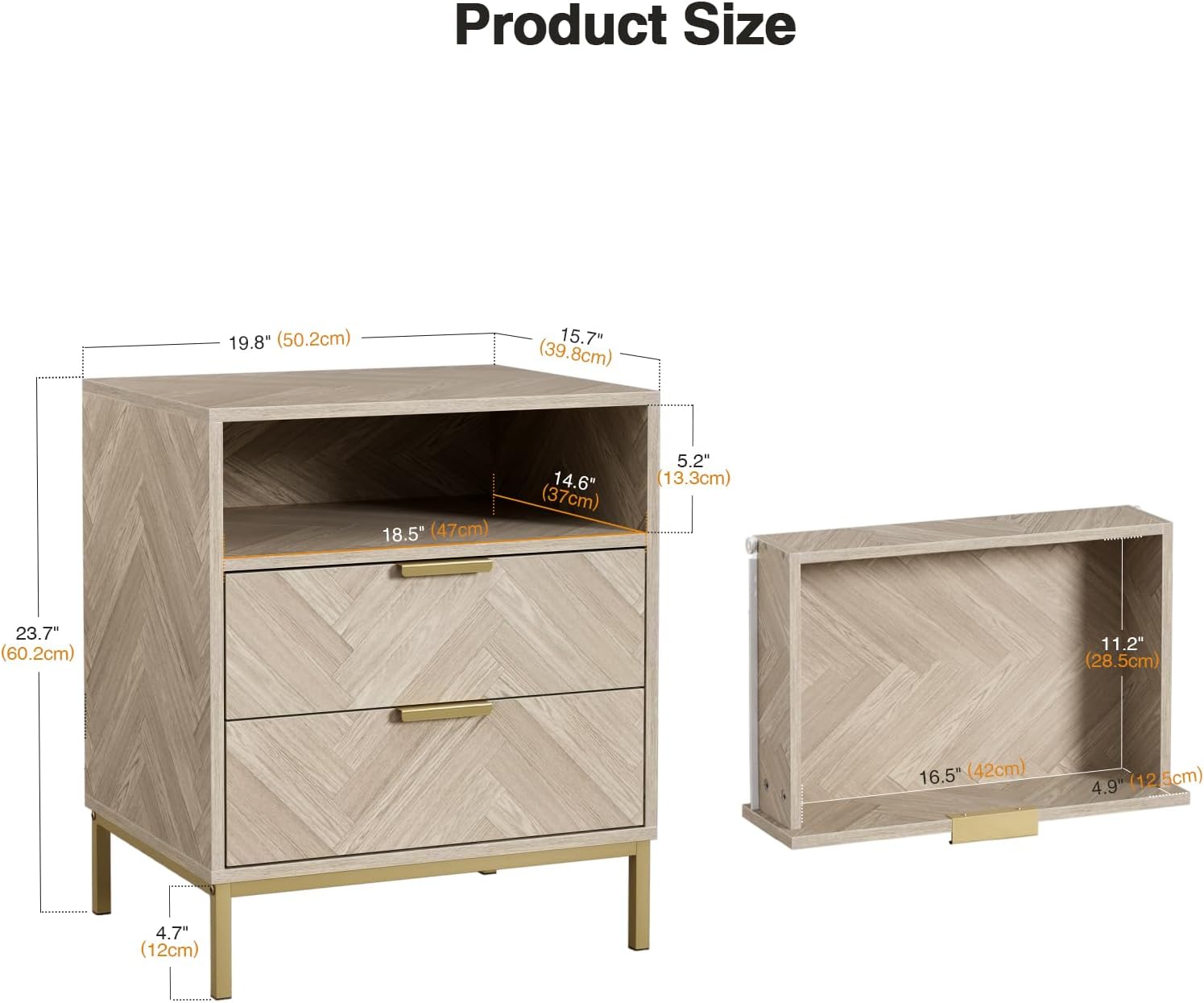 Nightstand with 2 Drawers - Modern Square Bedside Table with Storage Shelf, Natural Oak End Table for Bedroom or Sofa