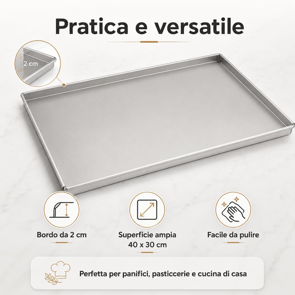 Teglia Rettangolare in Lega d'Alluminio Spessore 12/10 con Orlo, Argento, 40 x 30 cm 2 cm h, 1 Pezzo (40X30 2CM H ALLUMINIO 12/10)
