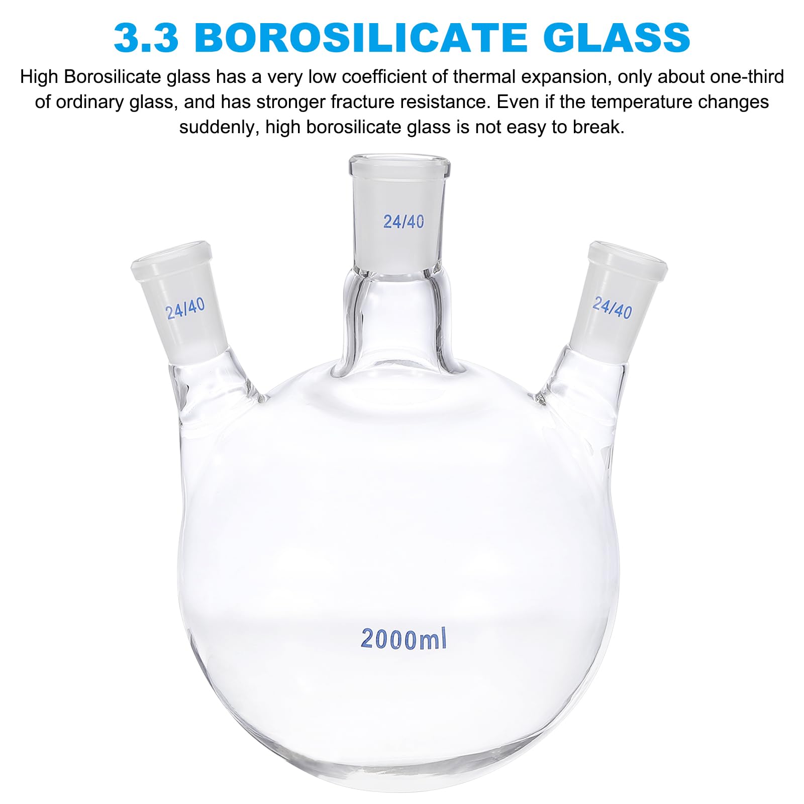 PATIKIL Fiaschetta bollente da 2000 ml, in vetro borosilicato 3.3, con fondo rotondo a 3 colli, fiaschetta da parete pesante con giunto esterno conico standard 24/40, per laboratorio, trasparente