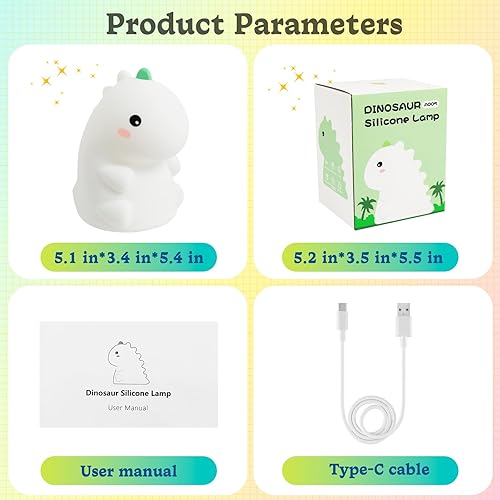 Miniatura 6 de Luz nocturna de dinosaurio para niños, lámpara de noche LED de silicona con temporizador de 30 minutos y 3 niveles regulables y sensor táctil, luz