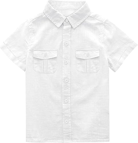 Makkrom Camisas de lino de manga corta con botones para niños, estilo casual, para verano, playa, cuello de solapa