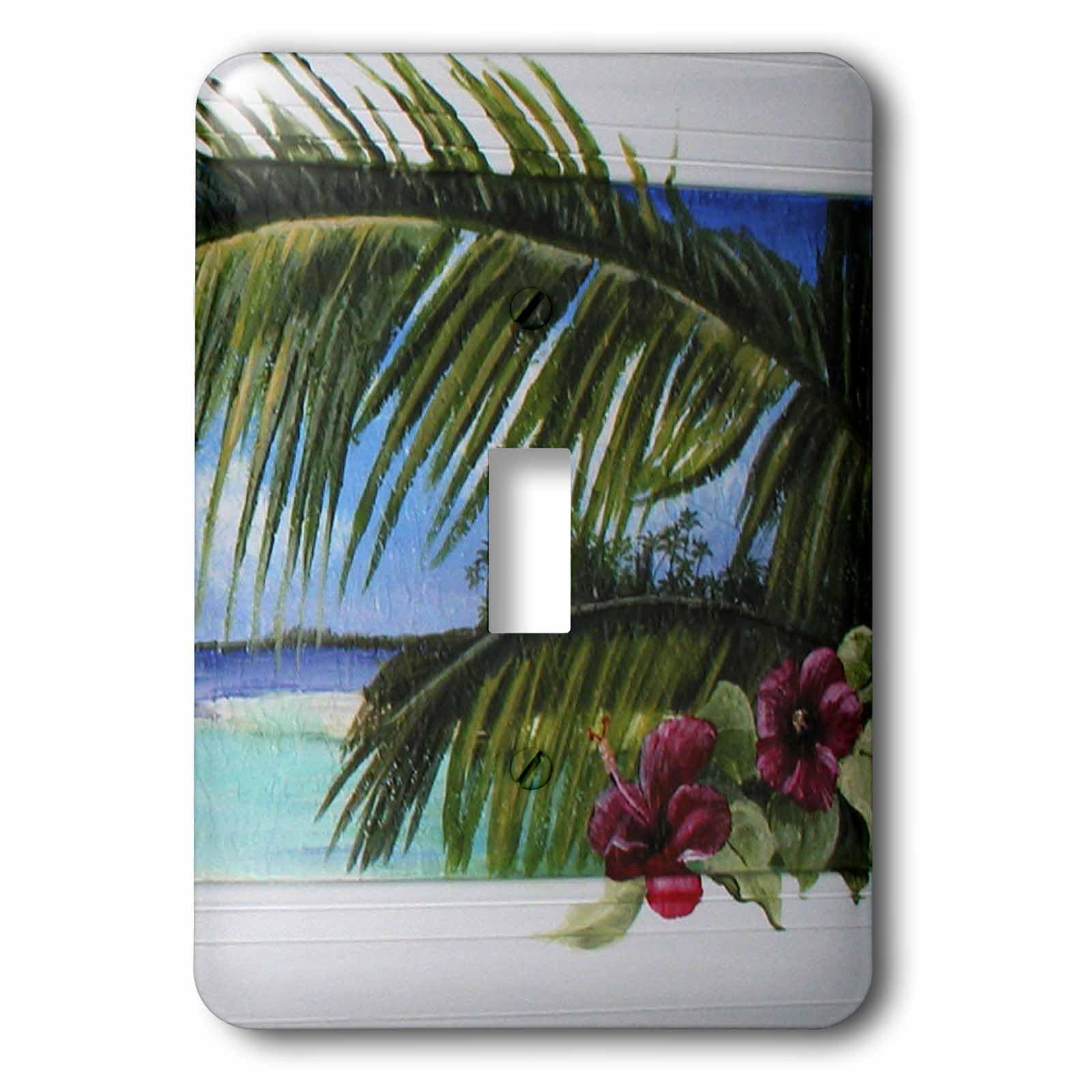 Decoración de pared tropical con escena de isla y flores de hibisco para interruptores