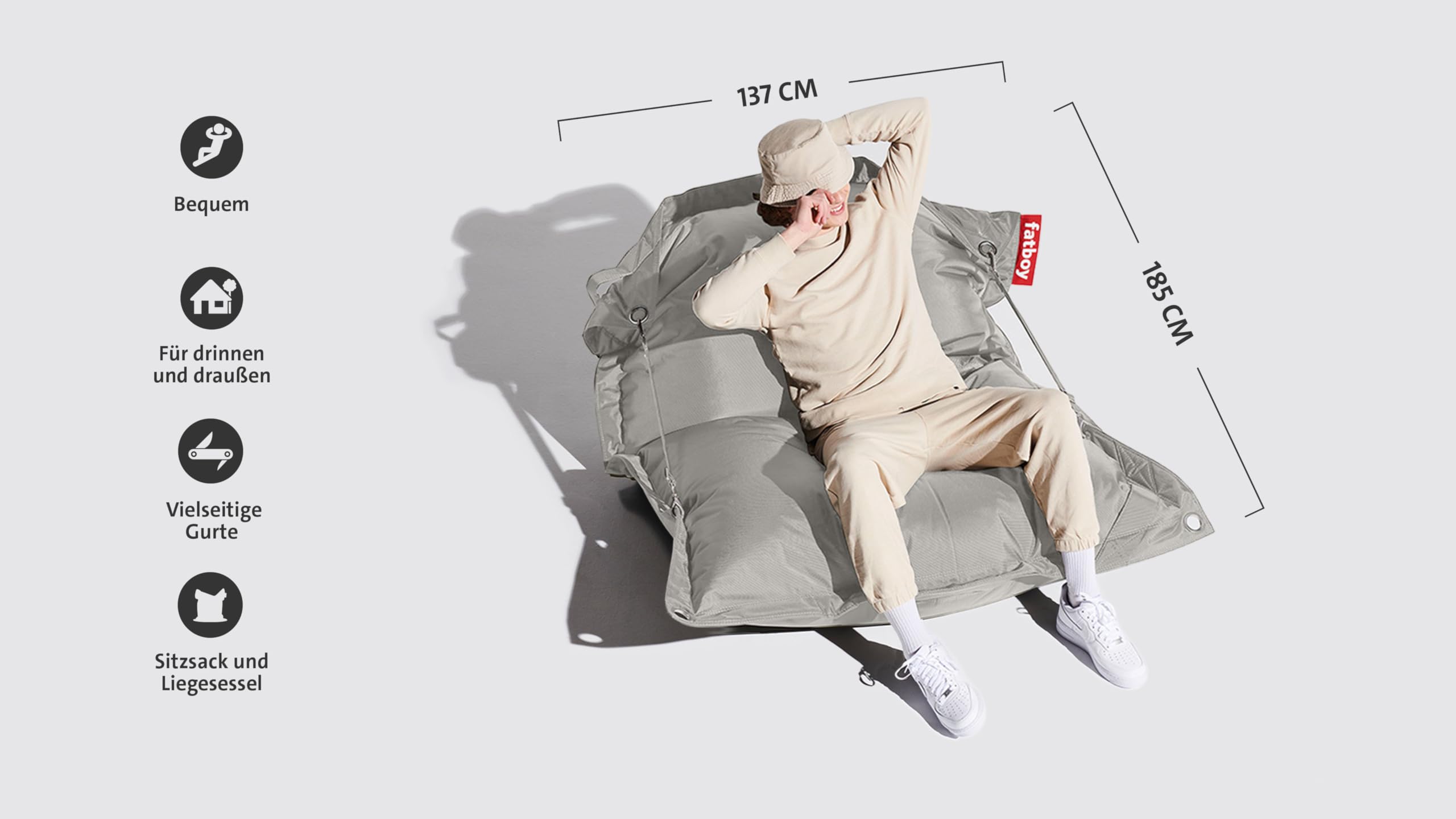 Fatboy Buggle-up Outdoor Sitzsack XXL - Anpassbarer Einzel- & Doppel-Relaxsessel - Leicht zu Reinigender Sitzsack Erwachsene für Draußen - Bequemer Lesesessel aus Olefin - 185 x 137cm - Mist