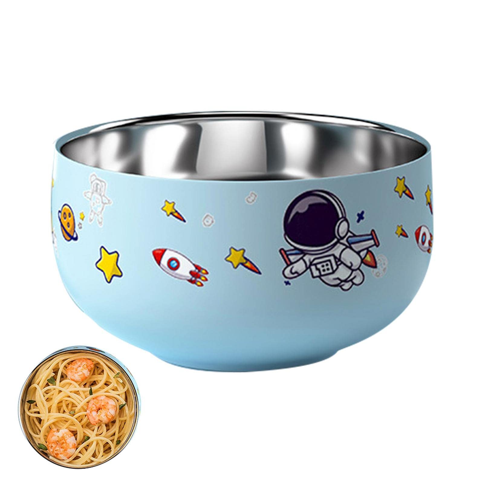 Girls Blue Stainless Steel Noodle Bowl,Children's Double Walled Cartoon Bowl | Astronaut Insulated Bowl, Instant Noodle Bowl, Ramen Soup Cereal Bowl