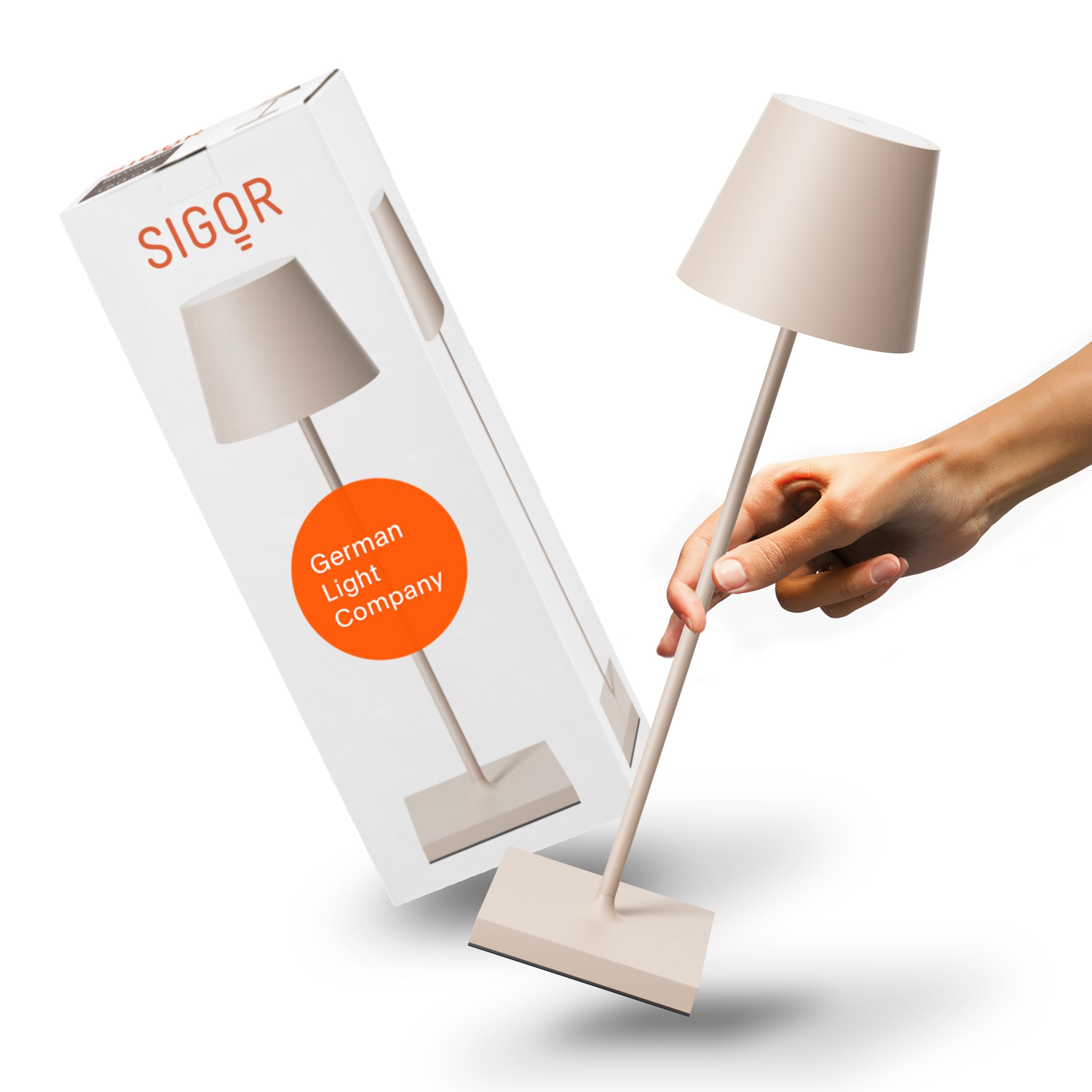 SIGOR Nuindie 2.0 - Dimmbare LED Akku-Tischlampe Indoor & Outdoor, IP54 spritzwassergeschützt, Höhe 38 cm, aufladbar mit USB-C, 12 h Leuchtdauer, dünenbeige