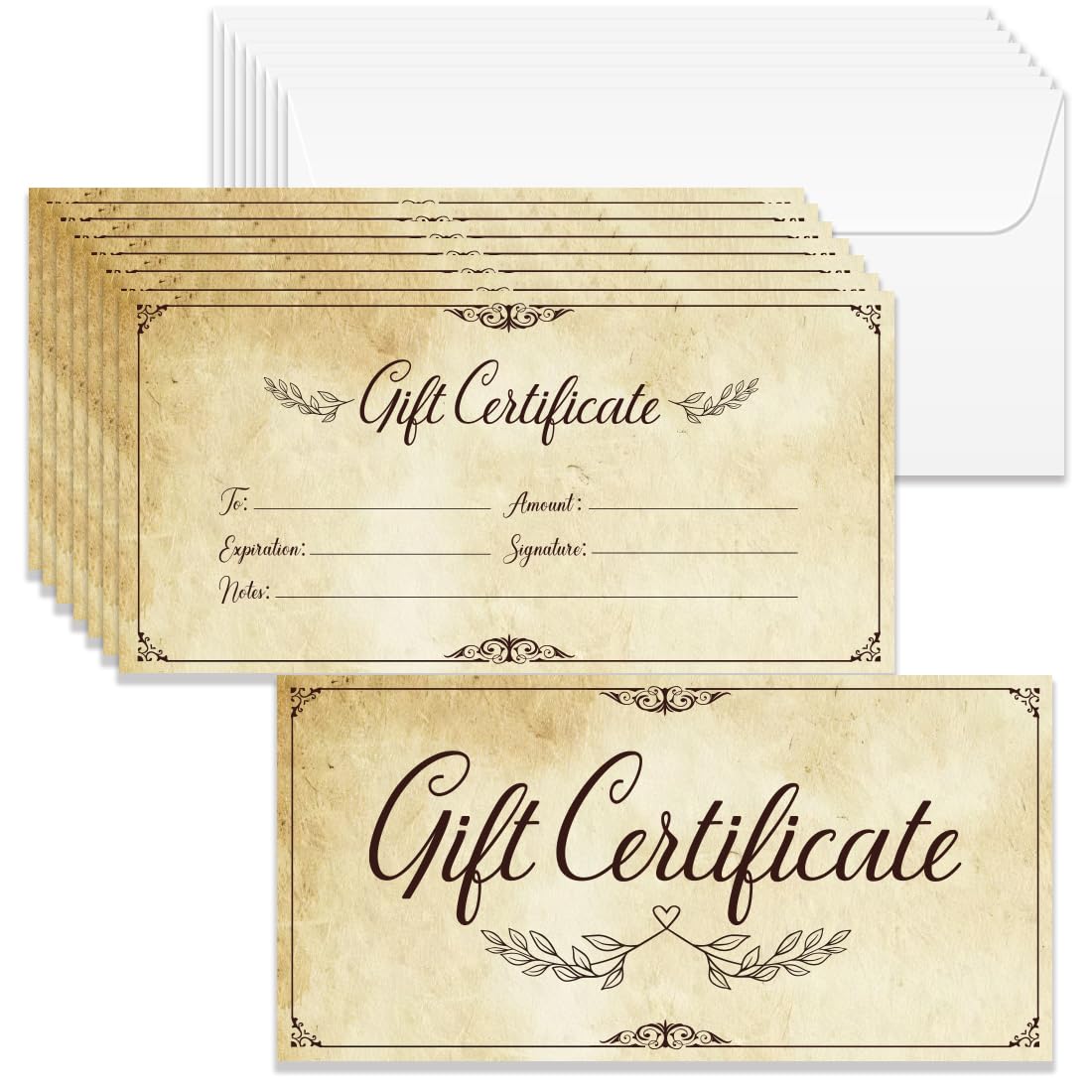 Doodlream 40 Sets Gift Certificate for Business, Blank Gift Cards Certificates with Envelopes, 17 x 8.5 cm Vintage Leaf Cards Vouchers for Holiday, Birthday, Restaurant, Spa Beauty Makeup Hair Salon