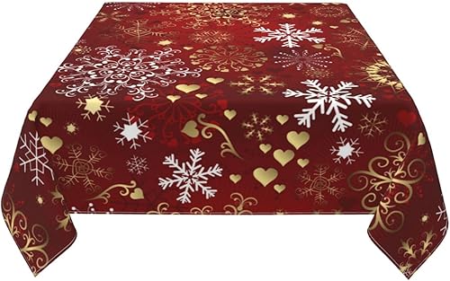 Miniatura 3 de Mantel de Navidad cuadrado de 54 x 54 pulgadas, con forma de corazón dorado y copos de nieve rojos, mantel de tela para casa de campo, Navidad,