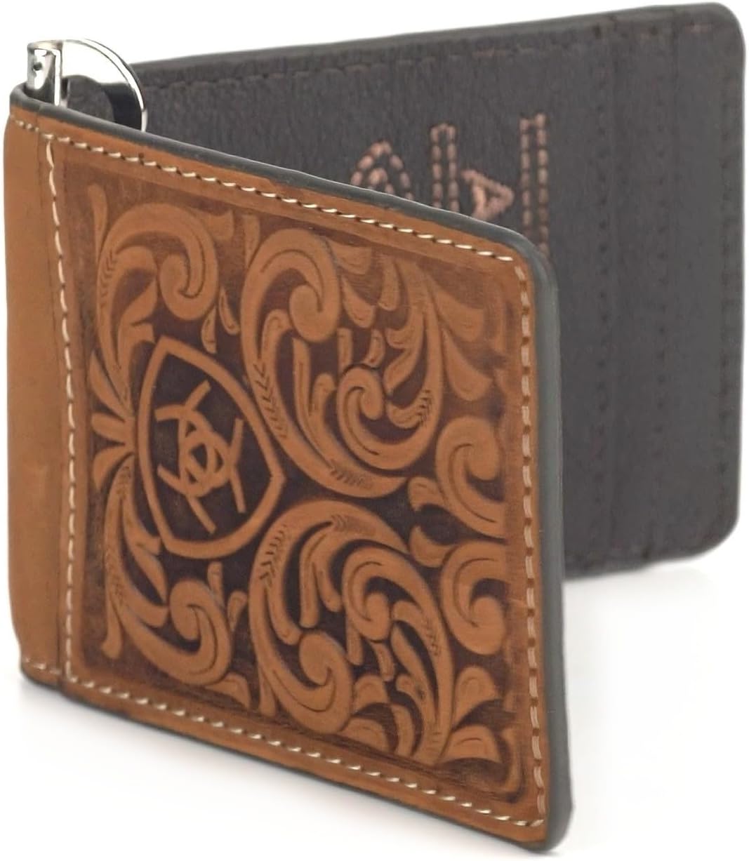 ARIAT Bifold Money Clip Scrolling Embossed Wallet, Medium Brown - Image 3