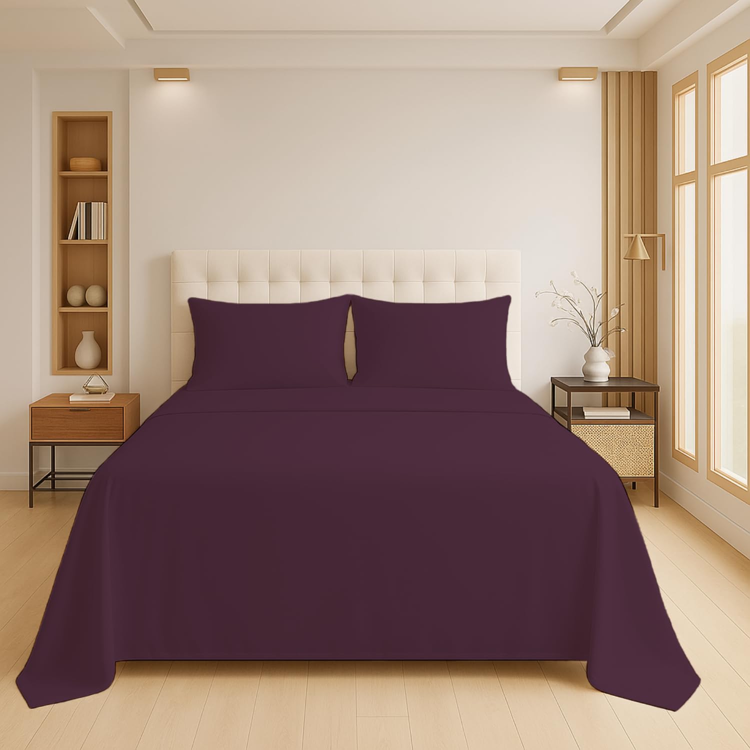 Luxury Flat Sheet Polycotton Plain Dyed Easy-care Non-Iron Bedsheets Parcale Wrinkle-resistant polycotton fabric (50% cotton 50% polyester) (Plum, Double) — image 1