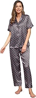 طقم بيجامة ساتان للنساء من لينكلير، مكون من 2 قطعة قميص نصف كم وبنطلون، مطبوع بنمط نقاط