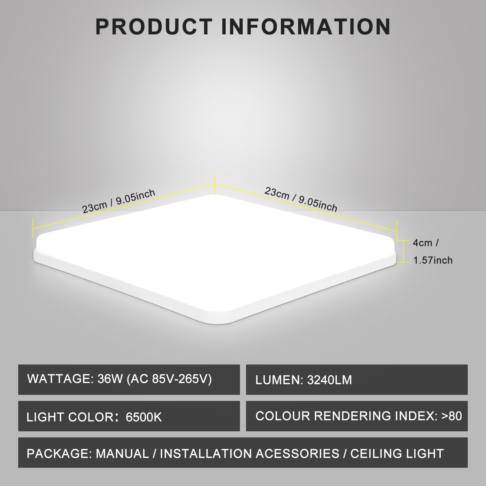 Kambo 36W Plafoniera LED Quadrata - Lampada da Soffitto LED Luce - Plafoniera Led Soffitto Bianco Freddo 6500K 3240LM - Moderno Plafoniera Bagno IP44 Cucina Soggiorno Corridoio Ufficio Cantina