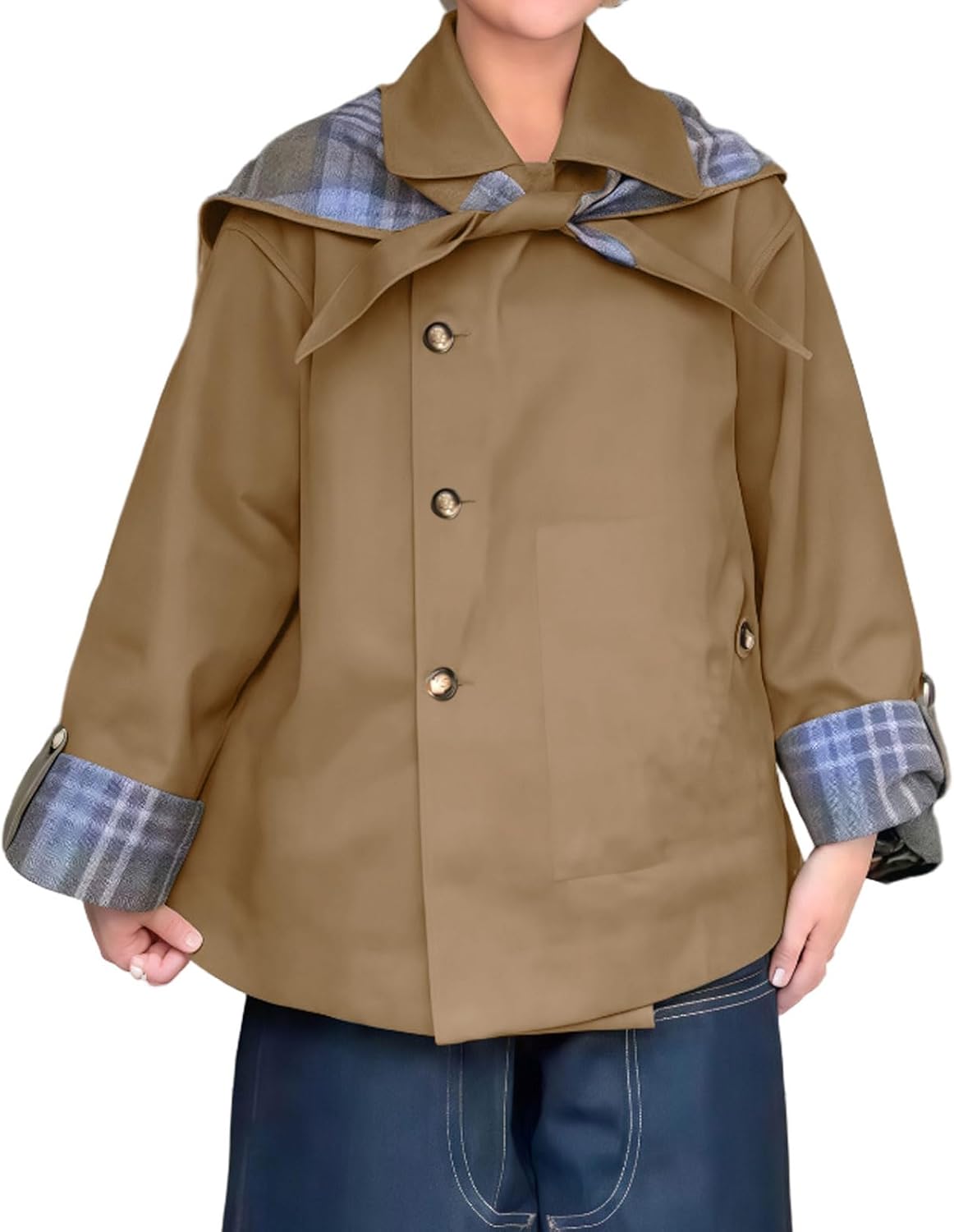 CHARTOU Women's Short Trench Coats Fall Notch Collar Plaid Reversible Oversized Jacket with Pockets