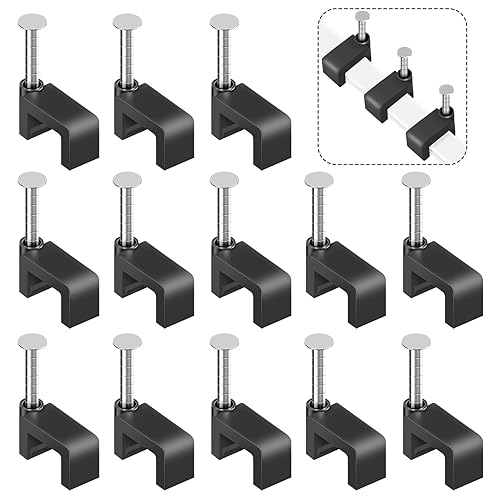 Clips de cable negros para clavos, 100 piezas de 0.315 in, clips de pared para cable Ethernet negro plano de 0.315 pulgadas, clips coaxiales, clips