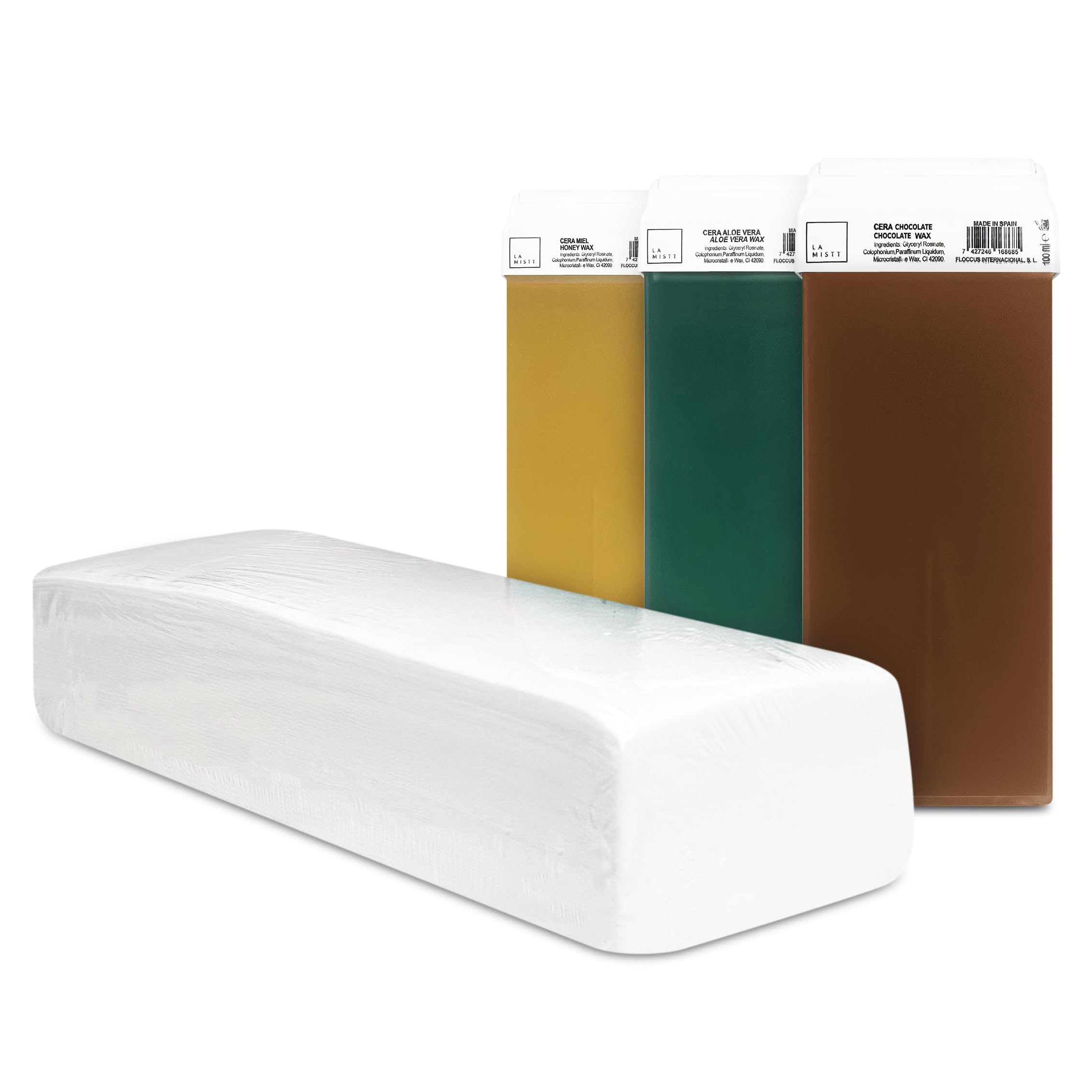 Kit de Depilación 100 Bandas Depilatorias + 3 Cartuchos de Cera Roll On (Miel, Aloe Vera y Chocolate)