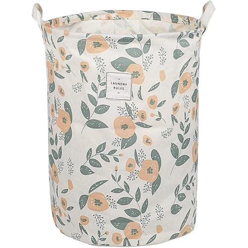 UUJOLY Collapsible Laundry Hamper Basket, with Handles Waterproof Round Cotton Linen Printing Household Organizer Basket, 19.7x15.7 inches, Green