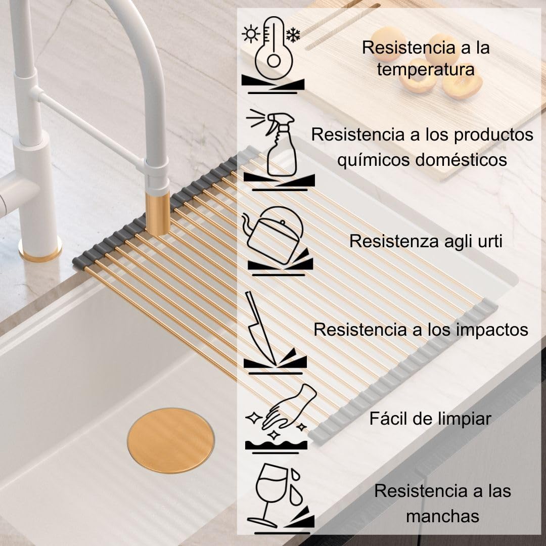 QUADRON Fregadero de un seno Fregadero de granito cocina | tamaño 70 x 37 x 23,5 cm Color: Topo suave y acero | Fregadero LOGAN 110 | Fregadero bajo encimera Base de armario a partir de 80 cm