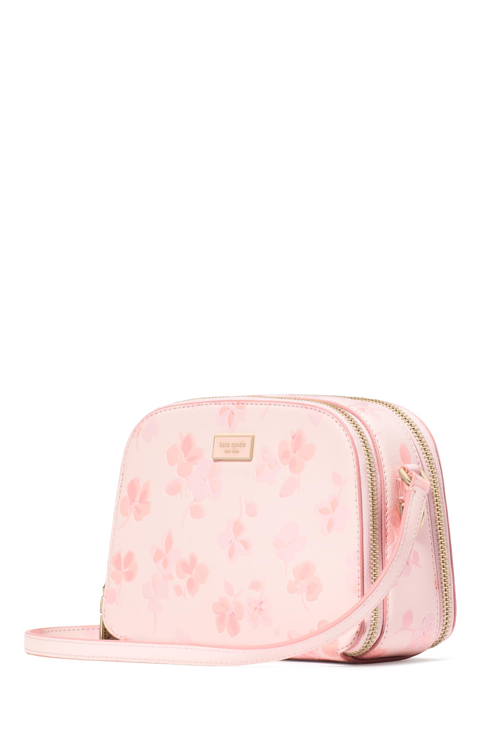 kate spade new york Serena Spring Pansies Embossed Saffiano Leather Double Zip Dome Crossbody, Blush Cloud Multi