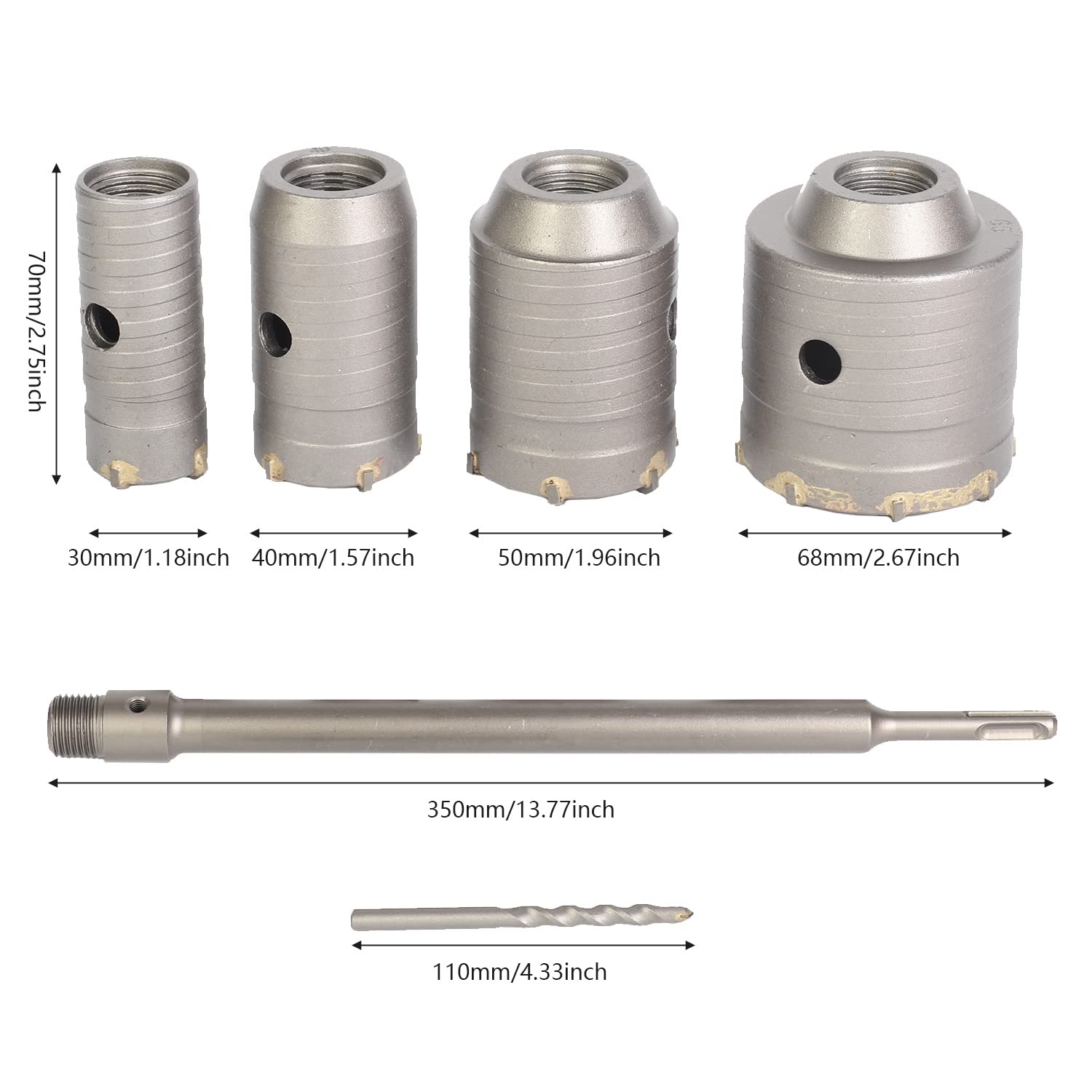 Kit per sega a tazza in calcestruzzo, 30 40 50 68 mm Punta da trapano con gambo SDS Plus 350 mm Manico rotondo per cemento, parete in pietra, condizionatore d'aria per piastrelle in muratura