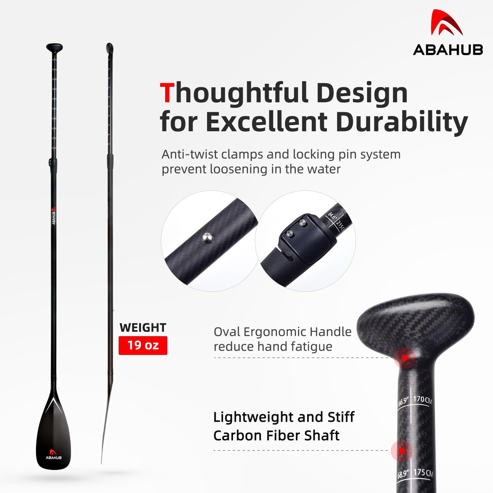 Abahub Pagaie de Sup Entièrement en Carbone avec Sac de Pagaie Stand Up Pagaie Télescopique 170-218cm Tige en Carbone + Pale de Pagaie en Fibre de Carbone