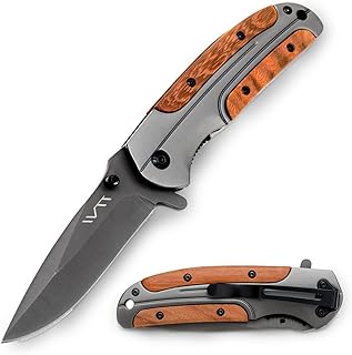 BGT Folding Pocket Camping Knife 3.5 Inches Stainless Steel Blade with Titanium Coating, Wood Handle, For Outdoor, Tactica...